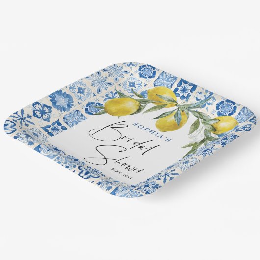 Mediterraan Blauw Tegel Vrijgezellenfeest Papier B Papieren Bordje (Gebogen)