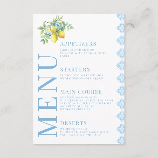 Mediterraan Blauw Tegels Citroen Bruiloft Menu Kaa (Voorkant)