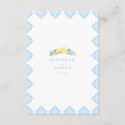 Mediterraan Blauw Tegels Citroen Bruiloft Menu Kaa (Achterkant)