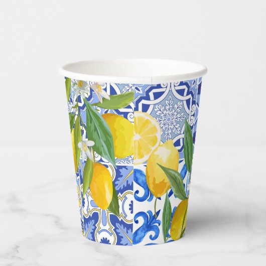 Mediterraan blauw tegels citroen Vrijgezellenfeest Papieren Bekers (Rechts)