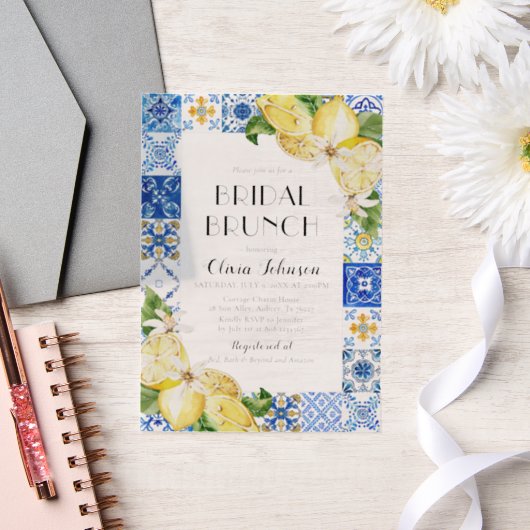 Mediterraan Blauw Tegels Citroenen Bruid Bunch Vellum Uitnodigingen (Huwelijk)