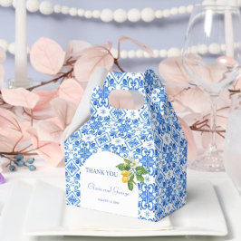 Mediterraan blauw tegels en citroenen bruiloft bedankdoosjes