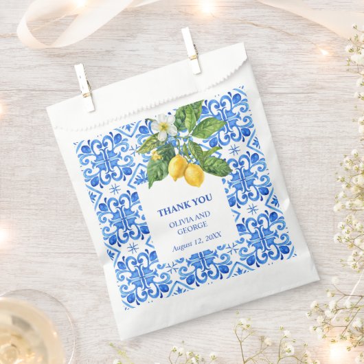 Mediterraan blauw tegels en citroenen bruiloft bedankzakje (Geknipt)