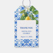 Mediterraan blauw tegels en citroenen bruiloft cadeaulabel (Achterkant)