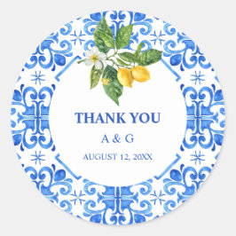Mediterraan blauw tegels en citroenen bruiloft ronde sticker