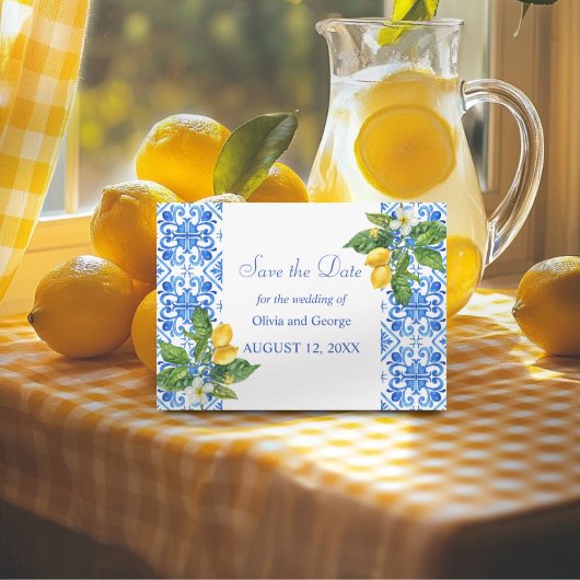 Mediterraan blauw tegels en citroenen bruiloft save the date
