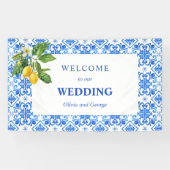 Mediterraan blauw tegels en citroenen bruiloft spandoek (Horizontaal)