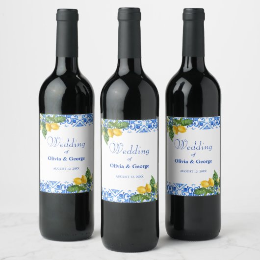Mediterraan blauw tegels en citroenen bruiloft wijn etiket (Flessen)