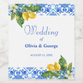 Mediterraan blauw tegels en citroenen bruiloft wijn etiket (Enkel label)