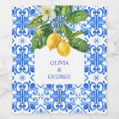 Mediterraan blauw tegels en citroenen bruiloft wijn etiket (Enkel label)