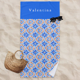 Mediterraan Blauw Terracotta Tegelpatroon Op Maat Strandlaken