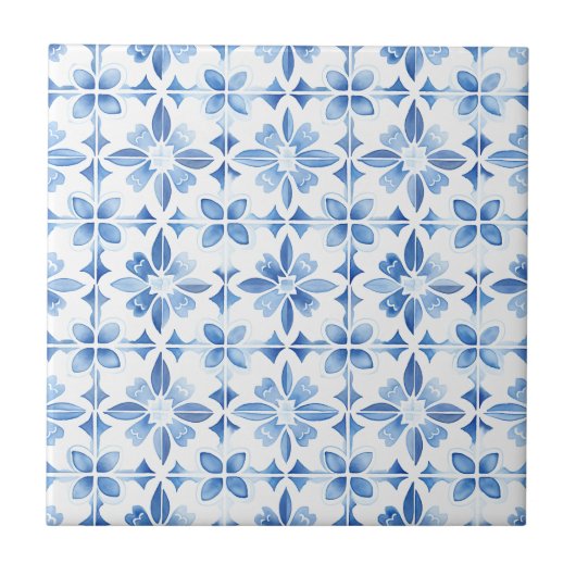 Mediterraan Blauw Waterverf Patroon Tegeltje (Voorkant)