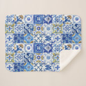 Mediterraan Blauw, Wit & Geel Bloemen Patroon Sherpa Deken (Voorkant (horizontaal))