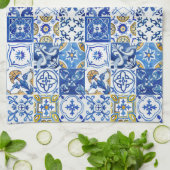 Mediterraan Blauw, Wit & Geel Bloemen Patroon Theedoek (Gevouwen)
