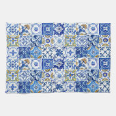 Mediterraan Blauw, Wit & Geel Bloemen Patroon Theedoek (Horizontaal)