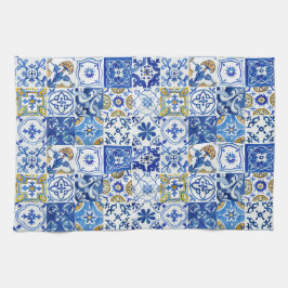 Mediterraan Blauw, Wit & Geel Bloemen Patroon Theedoek