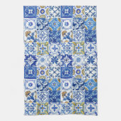 Mediterraan Blauw, Wit & Geel Bloemen Patroon Theedoek (Verticaal)