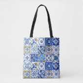 Mediterraan Blauw, Wit & Geel Zomer Bloemen Tote Bag (Voorkant)