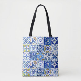 Mediterraan Blauw, Wit & Geel Zomer Bloemen Tote Bag
