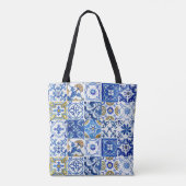 Mediterraan Blauw, Wit & Geel Zomer Bloemen Tote Bag (Achterkant)