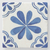 Mediterraan Blauw & Wit Italiaans Mozaïek Bloemen Stenen Onderzetter (Voorkant)