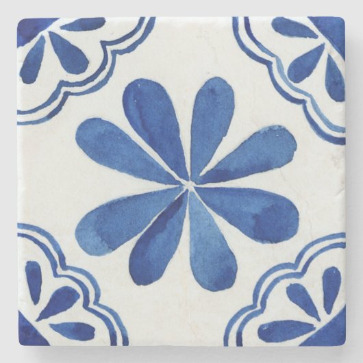 Mediterraan Blauw & Wit Italiaans Mozaïek Bloemen Stenen Onderzetter (Voorkant)