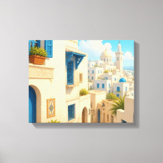 Mediterraan Blauw & Wit Kustvilla Canvas Afdruk