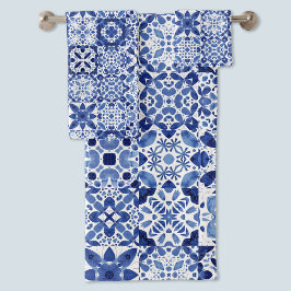 Mediterraan Blauw Wit Tegel Patroon Waterverf Bad Handdoek