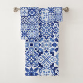 Mediterraan Blauw Wit Tegel Patroon Waterverf Bad Handdoek (Insitu)