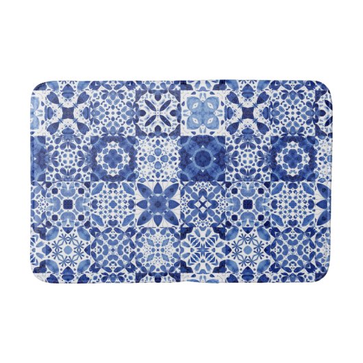 Mediterraan Blauw Wit Tegel Patroon Waterverf Badmat (Voorkant)