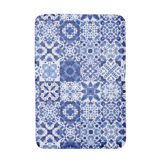 Mediterraan Blauw Wit Tegel Patroon Waterverf Badmat (Voorkant Verticaal)