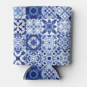 Mediterraan Blauw Wit Tegel Patroon Waterverf Blikjeskoeler (Voorkant)