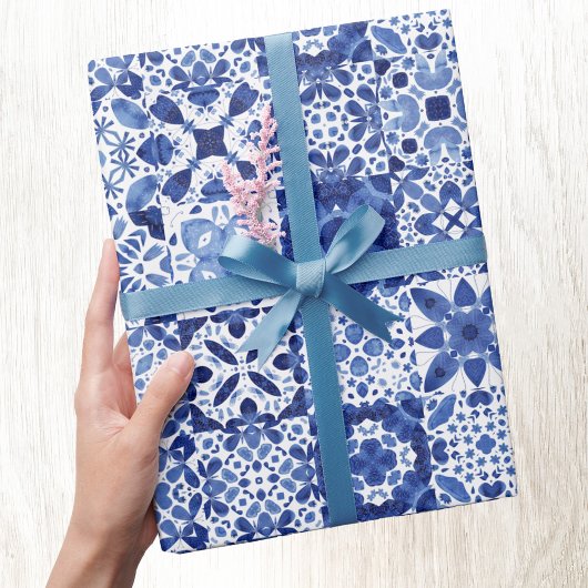 Mediterraan Blauw Wit Tegel Patroon Waterverf Cadeaupapier