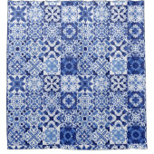 Mediterraan Blauw Wit Tegel Patroon Waterverf Douchegordijn (Voorkant)