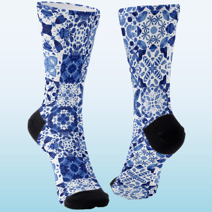 Mediterraan Blauw Wit Tegel Patroon Waterverf Sokken