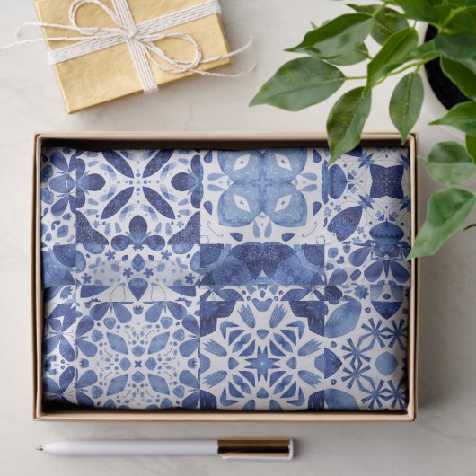 Mediterraan Blauw Wit Tegel Patroon Waterverf Tissuepapier (Geschenk)