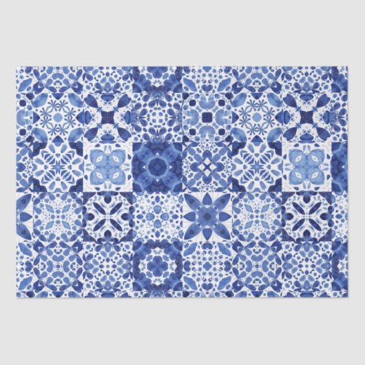 Mediterraan Blauw Wit Tegel Patroon Waterverf Tissuepapier (Voorkant)
