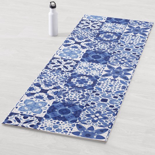 Mediterraan Blauw Wit Tegel Patroon Waterverf Yogamat