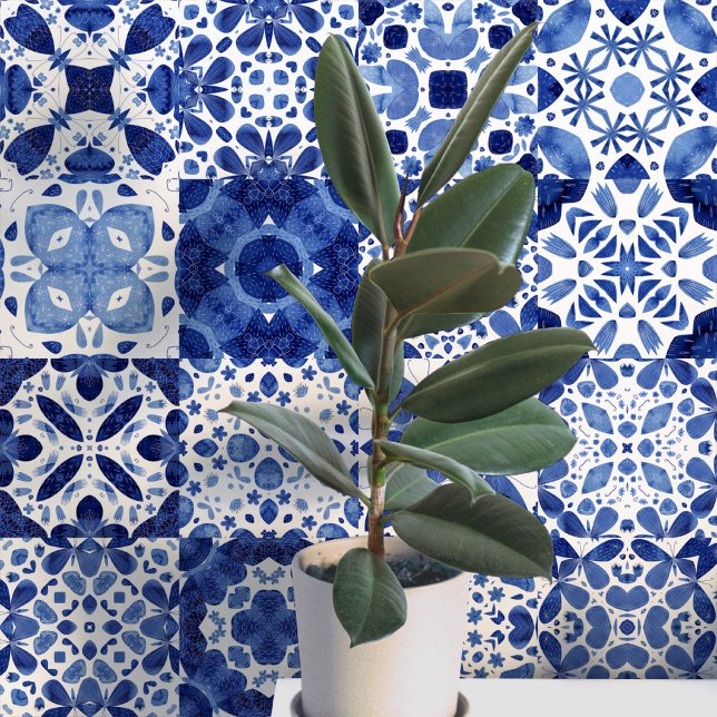 Mediterraan Blauw Witte Tegel Aquarel Behang (Mediterranean blue and white tile pattern watercolor peel and stick wallpaper)