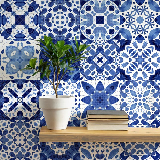 Mediterraan Blauw Witte Tegel Waterverf Behang (Mediterranean blue and white tile pattern watercolor peel and stick wallpaper)