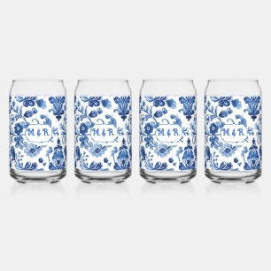 Mediterraan Blauwe Bloemtegel Monogram Blikvorm Glas