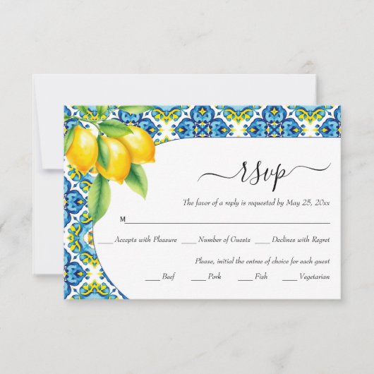 Mediterraan blauwe en gele tegels citroen bruiloft RSVP kaartje (Voorkant)