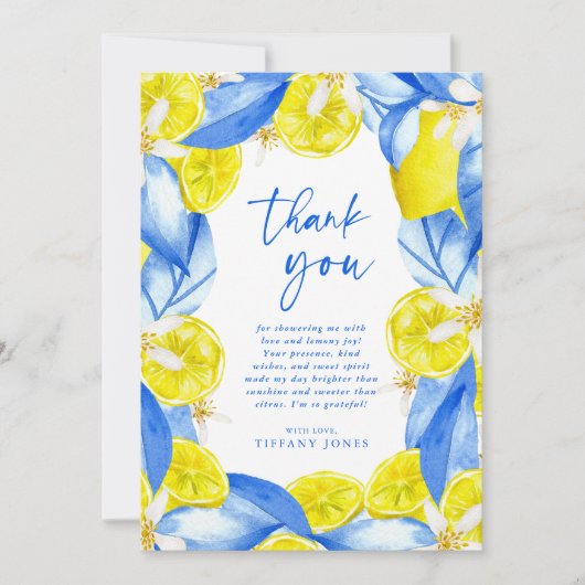 Mediterraan Blauwe Gele Citroenen Bruiloft Feest Bedankkaart (Voorkant)