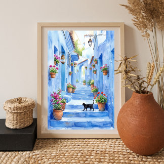 Mediterraan Blauwe Steeg Watercolor Kat Kunst Poster