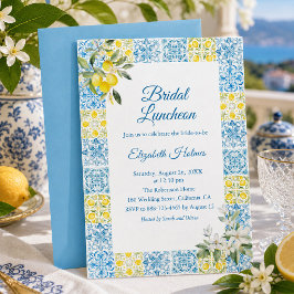 Mediterraan blauwe tegel citroen bruidslunch kaart