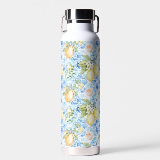 Mediterraan Blauwe Tegel Gele Citroen Aquarel Waterfles (Voorkant)