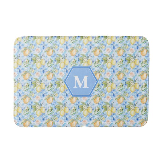 Mediterraan Blauwe Tegel Limoncello Monogram Naam Badmat (Voorkant)