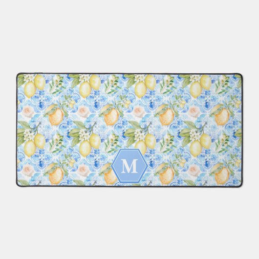 Mediterraan Blauwe Tegel Limoncello Monogram Naam Bureaumat (Voorkant)