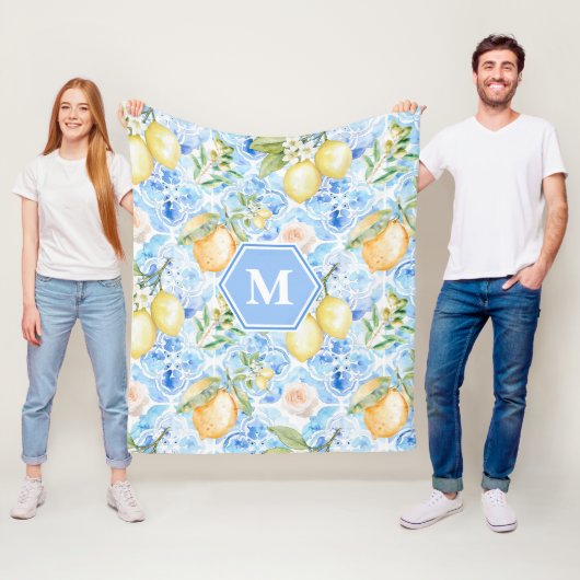 Mediterraan Blauwe Tegel Limoncello Monogram Naam Fleece Deken (In situ)