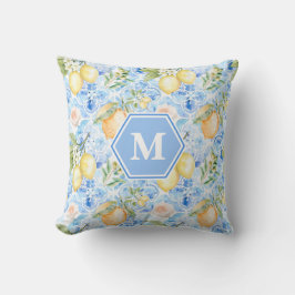 Mediterraan Blauwe Tegel Limoncello Monogram Naam Kussen